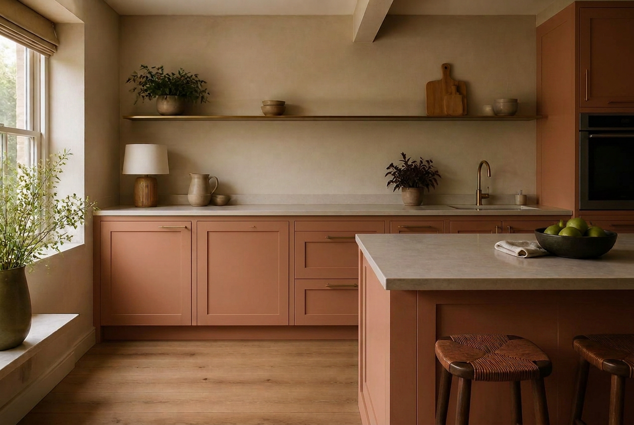 Kitchen cabinets resprayed in Clay Terracotta