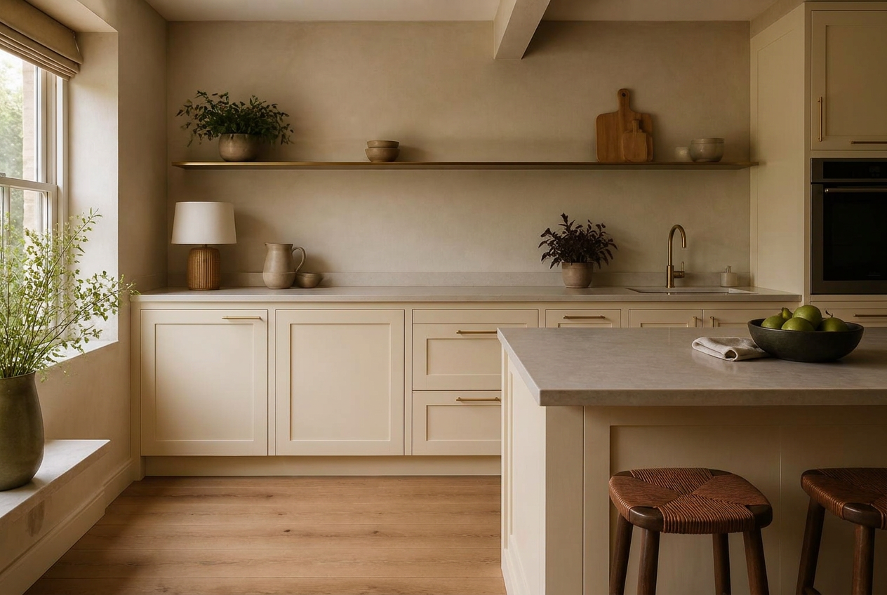 Kitchen cabinets resprayed in Warm Cream