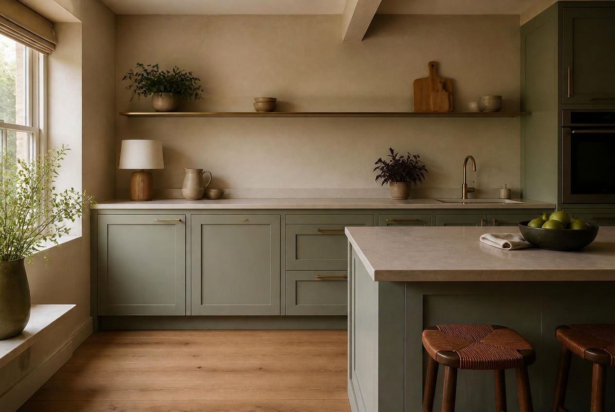 Kitchen cabinets resprayed in Sage Green