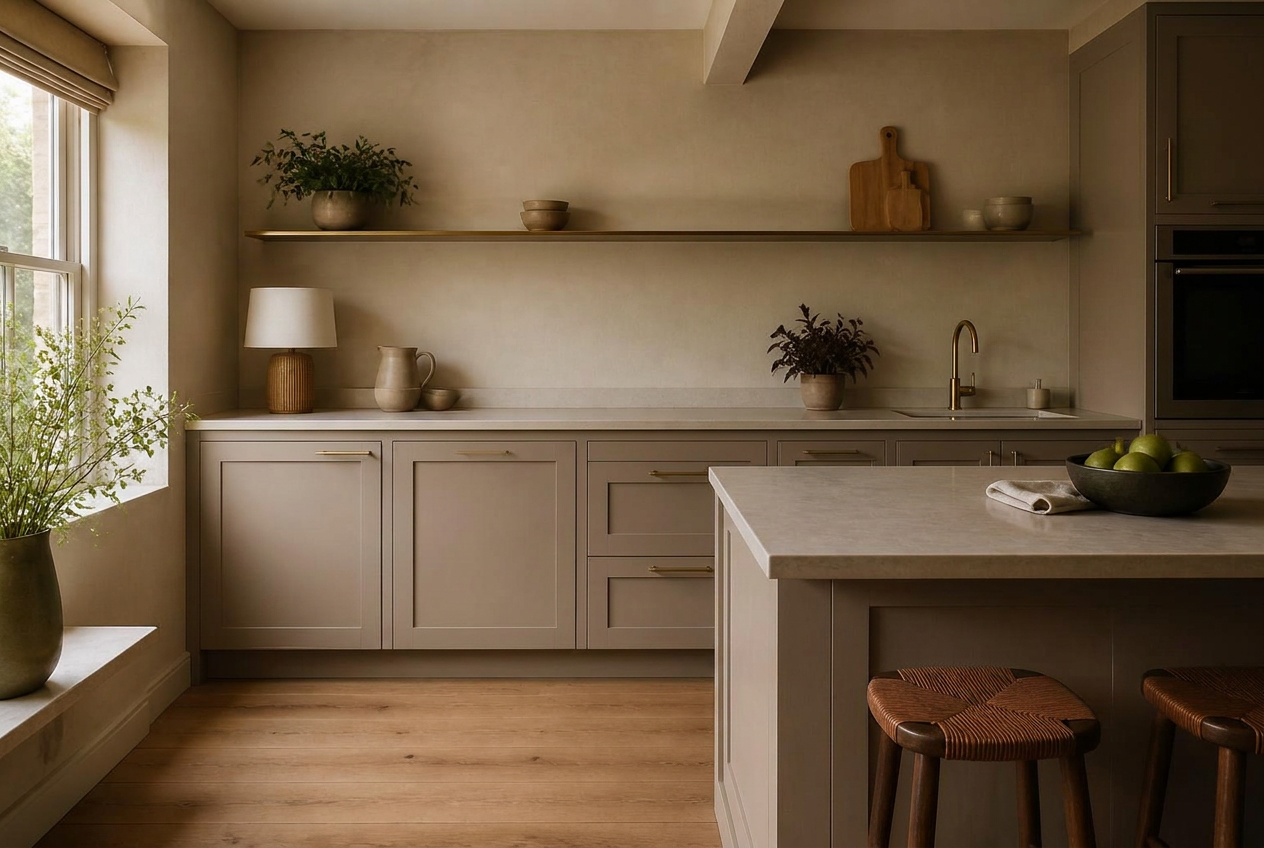 Kitchen cabinets resprayed in Warm Taupe