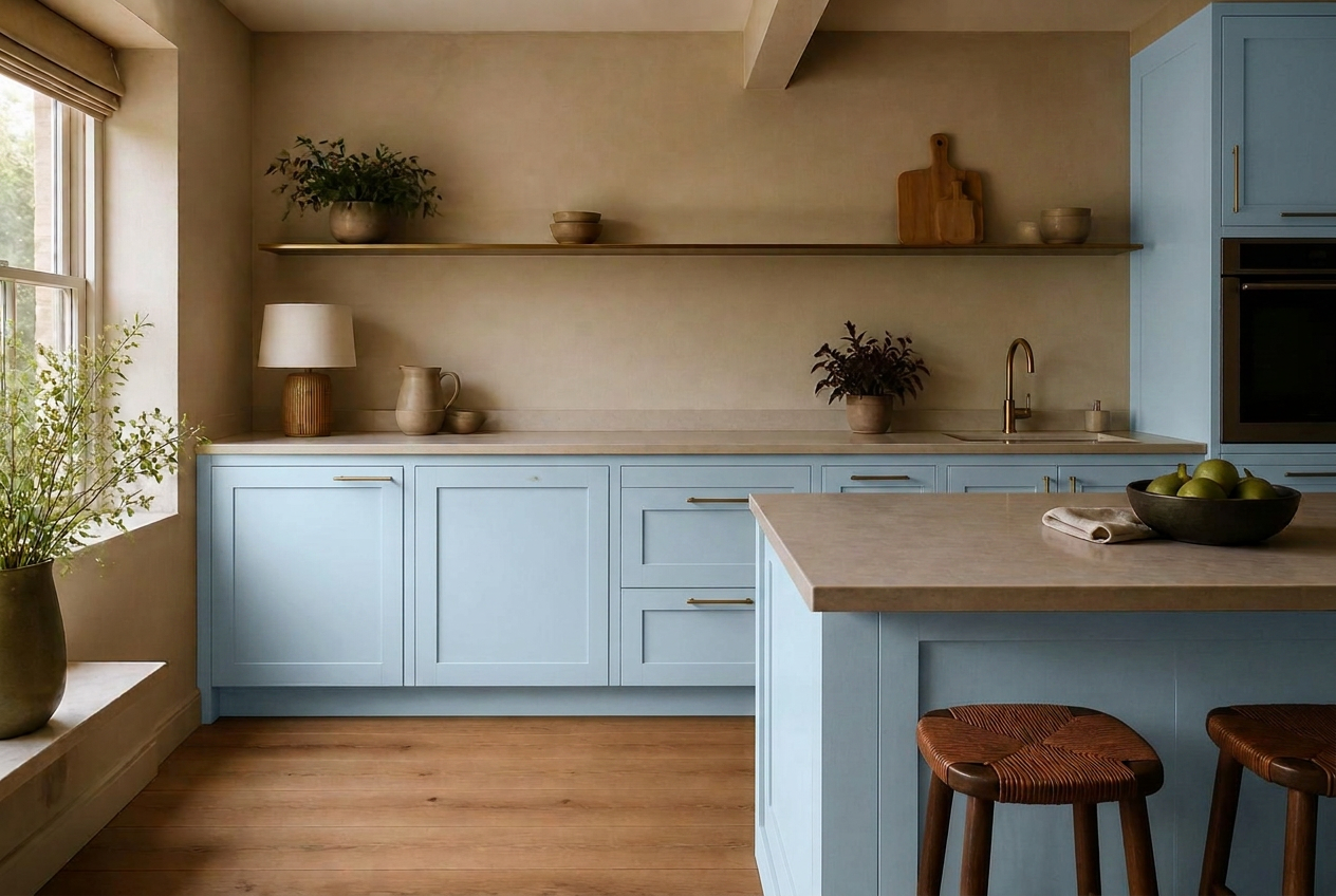 Kitchen cabinets resprayed in Powder Blue