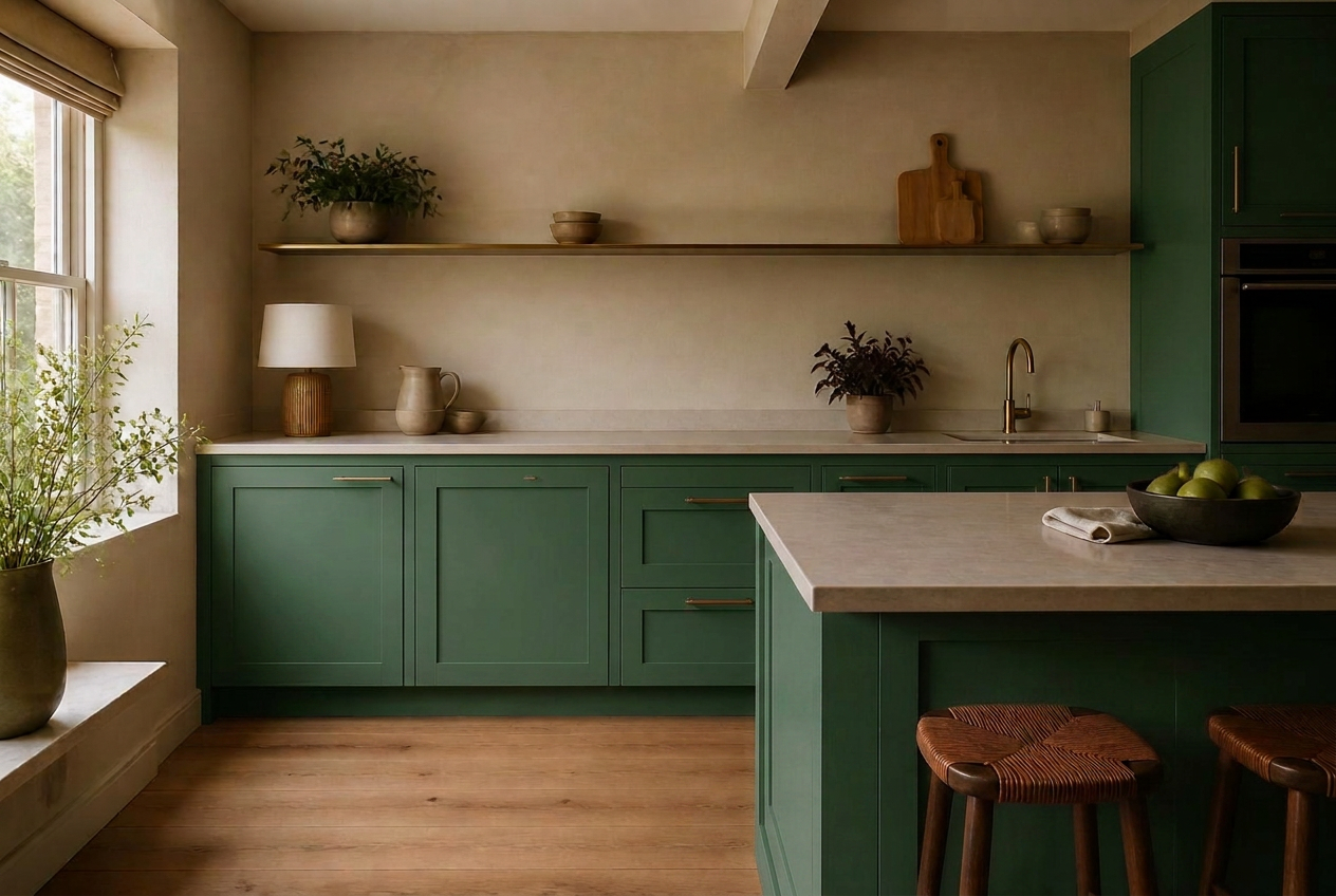Kitchen cabinets resprayed in Forest Green